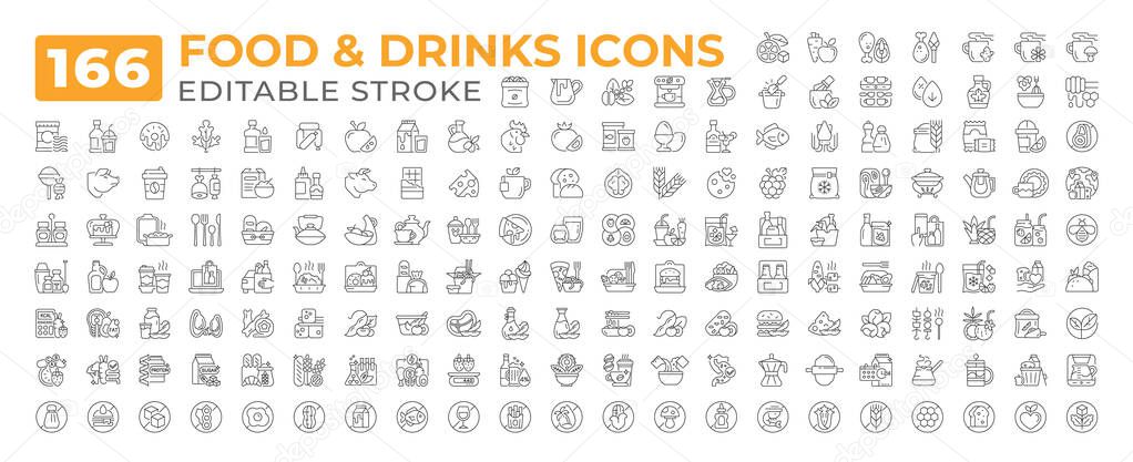 Food and drinks line icons big set. Fastfood. Cooking ingredients. Allergen free. Coffee. Beverage healthy eating iconset outline pictograms. Isolated linear vector illustrations. Editable stroke