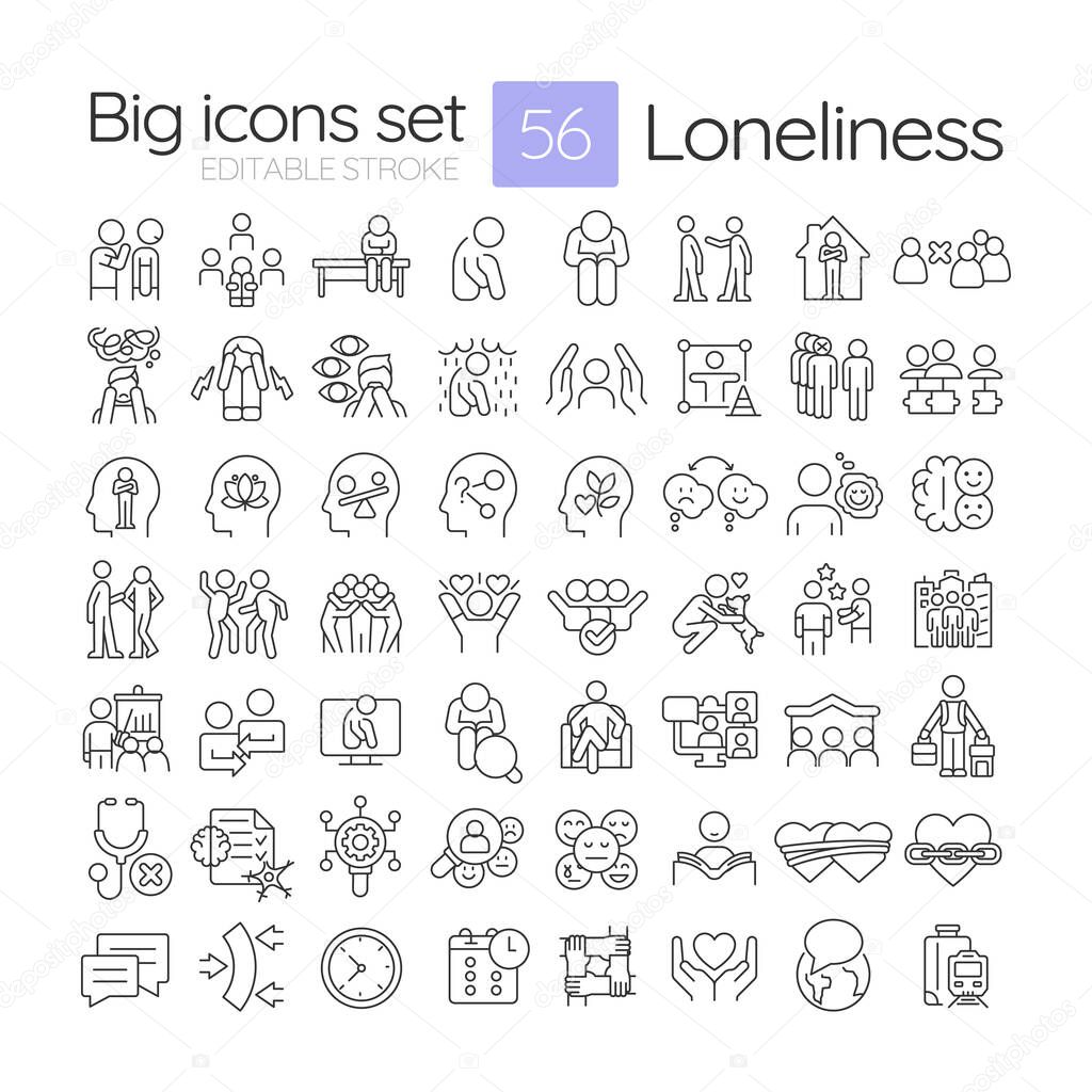 Loneliness linear icons set. Social relationships, community. Psychology, personality. Mental therapy. Customizable thin line symbols. Isolated vector outline illustrations. Editable stroke
