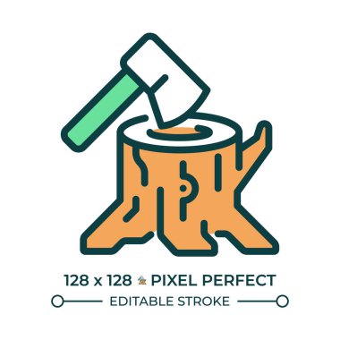 Ormanların yok edilmesi RGB renk simgesi. Ağaç kütüğü ve balta. Orman bozulması ve istismar. Odun kesiyorum. Ağaç kesme endüstrisi. İzole vektör çizimi. Basit bir çizgi çizimi. Düzenlenebilir vuruş