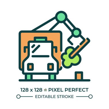 Enkaz RGB renk simgesi taşıyor. Atık yönetimi. Çöp kamyonu ve ağaç. Ağaç kesme ve ormancılık. Kamu hizmeti. İzole vektör çizimi. Basit bir çizgi çizimi. Düzenlenebilir vuruş