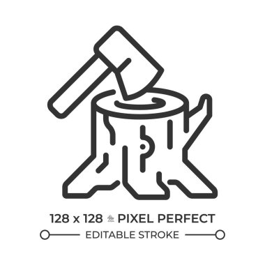 Ormanların yok edilmesi doğrusal simge. Ağaç kütüğü ve balta. Orman bozulması ve istismar. Odun kesiyorum. Ağaç kesme endüstrisi. İnce çizgili çizim. Contour sembolü. Vektör çizimi. Düzenlenebilir vuruş