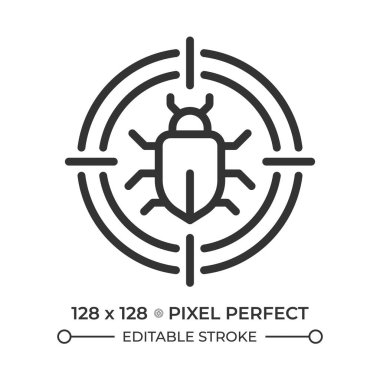 Haşere kontrol lineer simgesi. Böcek imhası. Böcek Kontrol Servisi. Böceklerin kökünü kazıyın. Bitkiler için kötü niyetli. İnce çizgili çizim. Contour sembolü. Vektör çizimi. Düzenlenebilir vuruş