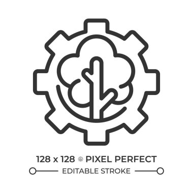 Orman yönetimi doğrusal simgesi. Kaynak yönetimi. Çevresel koruma. Ağaç ve teçhizat Sürdürülebilir ormancılık. İnce çizgili çizim. Contour sembolü. Vektör çizimi. Düzenlenebilir vuruş