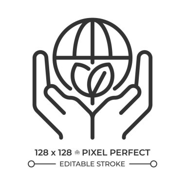 Çevre koruma doğrusal simgesi. Küresel ekoloji. El ele tutuşan gezegen. İklim hareketi. Yeşil yaşam. İnce çizgili çizim. Contour sembolü. Vektör çizimi. Düzenlenebilir vuruş