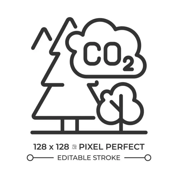 stock vector Forest carbon linear icon. CO2. Carbon dioxide. Climate change. Environmental impact. Carbon absorption in forest. Thin line illustration. Contour symbol. Vector outline drawing. Editable stroke