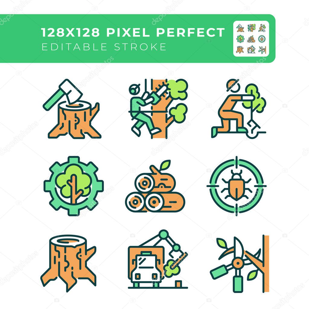 Forestry industry RGB color icons set. Logging. Tree cutting and trimming. Forest management. Arborist. Isolated vector illustrations. Simple filled line drawings collection. Editable stroke