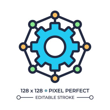 Otomasyon süreci RGB piksel mükemmel renk simgesi. Verimlilik yönetimi, mühendislik sistemi. Kalite kontrol, işlem. İzole vektör çizimi. Basit bir çizgi çizimi. Düzenlenebilir vuruş