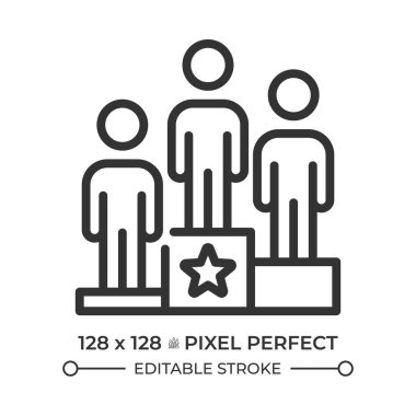 Yaya kazananlar pikseli mükemmel doğrusal simge. Erkek şampiyonlar, sporcular. Şampiyonluk töreni, ödüllü podyum. İnce çizgili çizim. Contour sembolü. Vektör çizimi. Düzenlenebilir vuruş