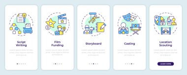 Mobil uygulama ekranında film öncesi çekimleri. Doğrusal kavramlarla düzenlenebilir grafik yönergelerini 5 adımda gezdir. UI, UX, GUI şablonu. Montserrat Yarı Kalın, Düzenli yazı tipleri