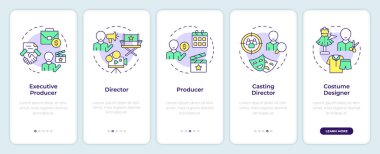 Film ekibi mobil uygulama ekranında yerlerini aldı. Doğrusal kavramlarla düzenlenebilir grafik yönergelerini 5 adımda gezdir. UI, UX, GUI şablonu. Montserrat Yarı Kalın, Düzenli yazı tipleri
