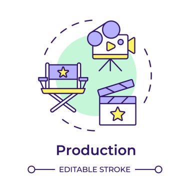 Film yapım çok renkli konsept ikonu. Film yapımcılığı. Film yapma ekipmanları, teknoloji. Yuvarlak şekil çizimi. Soyut bir fikir. Grafik tasarımı. Bilgide ve sunumda kullanması kolay