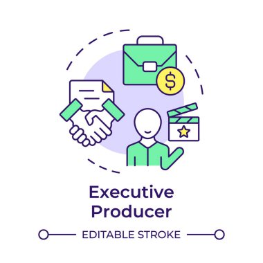 İdari yapımcı çok renkli konsept simgesi. Medya üretimi, sinematografi. Yuvarlak şekil çizimi. Soyut bir fikir. Grafik tasarımı. Bilgide ve sunumda kullanması kolay
