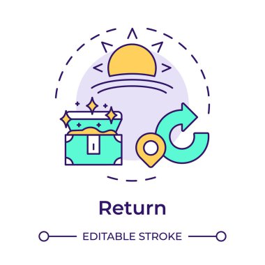 Karakter çoklu renk konsept simgesini geri getir. Kahraman yolculuğu, macera. Film yapımı, hikaye. Yuvarlak şekil çizimi. Soyut bir fikir. Grafik tasarımı. Bilgide ve sunumda kullanması kolay