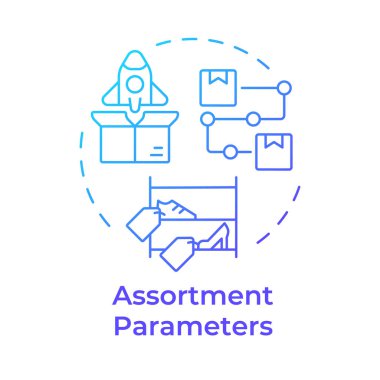 Assortment parameters blue gradient concept icon. Retail strategy. Mix of different products. Marketing. Round shape line illustration. Abstract idea. Graphic design. Easy to use in presentation clipart