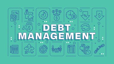 Borç yönetimi yeşil kelime kavramı. Ayrıntılı bütçe, kredi beyanı. Finansal istikrar. Yatay vektör görüntüsü. Düzenlenebilir taslak simgelerle çevrili başlık metni. İnbot Sans yazı tipi kullanıldı