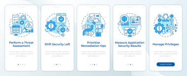 Mobil uygulama ekranında mavi güvenlik uygulamaları var. Doğrusal kavramlarla düzenlenebilir grafik yönergelerini 5 adımda gezdir. UI, UX, GUI şablonu. Montserrat Yarı Kalın, Düzenli yazı tipleri