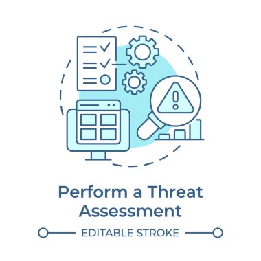 Bir tehdit değerlendirmesi yapın. Yumuşak mavi konsept simgesi. Güvenlik standartları, savunmasızlık. Yuvarlak şekil çizimi. Soyut bir fikir. Grafik tasarımı. Bilgide ve sunumda kullanması kolay