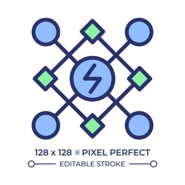 Akıllı enerji şebekesi piksel mükemmel RGB renk simgesi. Elektrik dağıtım sistemi, altyapı. Güç kaynağı. İzole vektör çizimi. Basit bir çizgi çizimi. Düzenlenebilir vuruş