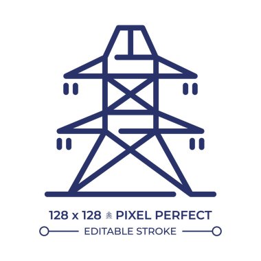 Güç hattı pikseli mükemmel RGB renk simgesi. Yüksek voltaj kulesi. Elektrik direği, elektrik akımı. Enerji kaynağı, kablolar. İzole vektör çizimi. Basit bir çizgi çizimi. Düzenlenebilir vuruş