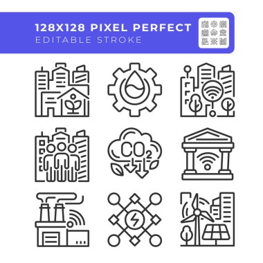 Yeşil şehir pikseli mükemmel doğrusal simgeler seti. Akıllı imalat. Yenilenebilir enerji kaynakları, karbonlaştırma. Özelleştirilebilir ince çizgi sembolleri. İzole vektör çizimi çizimleri. Düzenlenebilir vuruş