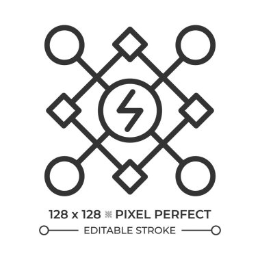 Akıllı enerji şebekesi pikseli mükemmel doğrusal simge. Elektrik dağıtım sistemi, altyapı. Güç kaynağı. İnce çizgili çizim. Contour sembolü. Vektör çizimi. Düzenlenebilir vuruş