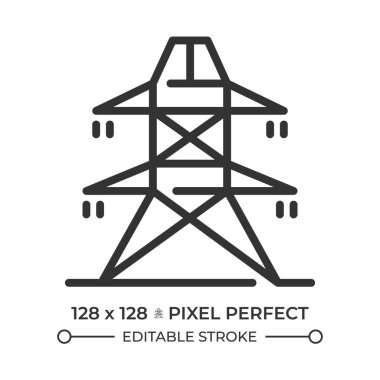 Güç hattı pikseli mükemmel doğrusal simge. Yüksek voltaj kulesi. Elektrik direği, elektrik akımı. Enerji kaynağı, kablolar. İnce çizgili çizim. Contour sembolü. Vektör çizimi. Düzenlenebilir vuruş