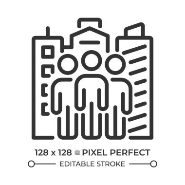 Yurttaşlar piksel mükemmel doğrusal simge. İnsan toplumu kültürü. Halka açık. Şehir hayatı işte. Gelecekçi şehir manzarası. İnce çizgili çizim. Contour sembolü. Vektör çizimi. Düzenlenebilir vuruş
