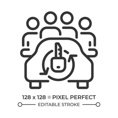 Araba paylaşımı pikseli mükemmel doğrusal simge. Şehir ulaşımı, hareket kabiliyeti. Seyahat eden insanlar. Kiralık araç. Tatil arabası. İnce çizgili çizim. Contour sembolü. Vektör çizimi. Düzenlenebilir vuruş