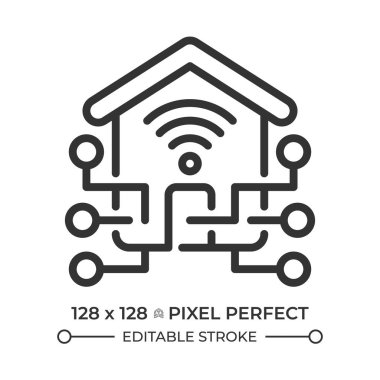 Akıllı ev pikseli mükemmel doğrusal simge. Otomasyon sistemi, akıllı kontrol. Ev organizasyonu, elektronik aletler. İnce çizgili çizim. Contour sembolü. Vektör çizimi. Düzenlenebilir vuruş