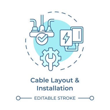 Kablo düzeni ve kurulum yumuşak mavi konsept simgesi. Telekomünikasyon sistemi. Ağ kablosu. Yuvarlak şekil çizimi. Soyut bir fikir. Grafik tasarımı. Broşürde kullanması kolay