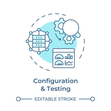 Yumuşak mavi konsept simgesini yapılandır ve test et. Telekomünikasyon sistemi kurulumu. Sistem kontrolleri. Yuvarlak şekil çizimi. Soyut bir fikir. Grafik tasarımı. Broşürde kullanması kolay