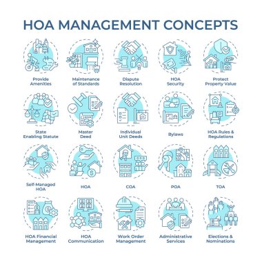 HOA yönetimi yumuşak mavi konsept simgeleri. Ev Sahipleri Birliği. Mülk yönetimi. Mahalle. İdari görevler. Simge paketi. Vektör görüntüleri. Yuvarlak şekilli çizimler. Soyut fikir