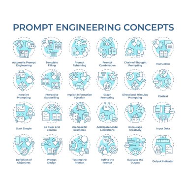 Prompt engineering soft blue concept icons. Conversational artificial intelligence. Design instruction for ai. Generate response. Icon pack. Vector images. Round shape illustrations. Abstract idea clipart