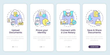 Gezici uygulama ekranında noter onayını tamamla. Doğrusal kavramlarla düzenlenebilir grafik yönergelerini dört adımda gözden geçir. UI, UX, GUI şablonu. Montserrat Yarı Kalın, Düzenli yazı tipleri