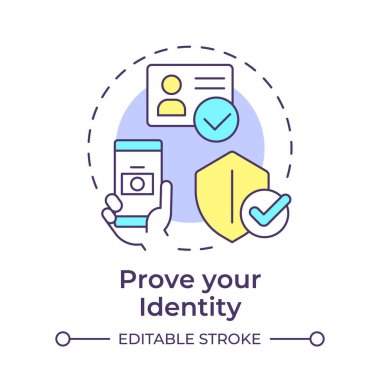 Kimlik çoklu renk konsept simgenizi kanıtlayın. Uzaktan noter onayı, kimlik doğrulaması. Yuvarlak şekil çizimi. Soyut bir fikir. Grafik tasarımı. Bilgide ve sunumda kullanması kolay