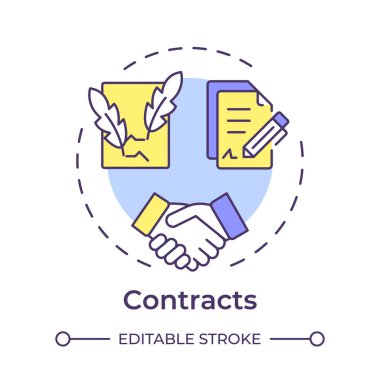 Çok renkli konsept simgesi sözleşmesi. Belge imzalamak, iş anlaşması. Noter hizmetleri. Yuvarlak şekil çizimi. Soyut bir fikir. Grafik tasarımı. Bilgide ve sunumda kullanması kolay