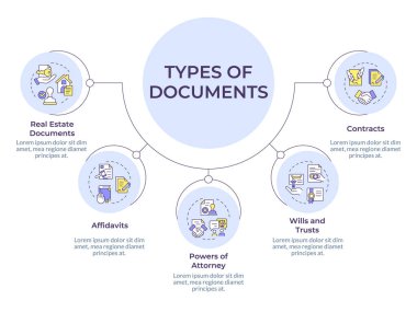 Noterlik hizmeti belgeleri dairesel diyagram bilgisi. Emlak, yeminli ifade. Veri görselleştirmesi ve 5 seçenek. Hiyerarşi çizelgesi. Montserrat Yarı Kalın, Lato Düzenli yazı tipleri