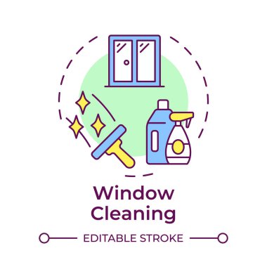 Window cleaning multi color concept icon. Detergent bottles, squeegee. Cleanup equipment. Round shape line illustration. Abstract idea. Graphic design. Easy to use in infographic, presentation clipart