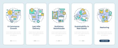 Mobil uygulama ekranında endüstriyel emlak trendleri var. Doğrusal kavramlarla düzenlenebilir grafik yönergelerini 5 adımda gezdir. UI, UX, GUI şablonu. Montserrat Yarı Kalın, Düzenli yazı tipleri