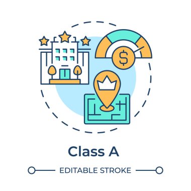 Mülkiyet sınıfı A çok renkli konsept simgesi. Lüks gayrimenkul. Birinci sınıf bina. Prestijli bir adres. Yuvarlak şekil çizimi. Soyut bir fikir. Grafik tasarımı. Broşürde kullanması kolay