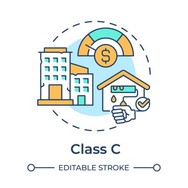 Mülkiyet sınıfı C çok renkli konsept simgesi. Eski binalar. Tadilata ve yenilenmeye ihtiyacım var. Düşük maliyetli ev. Yuvarlak şekil çizimi. Soyut bir fikir. Grafik tasarımı. Broşürde kullanması kolay