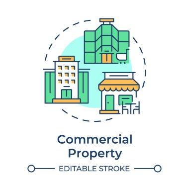 Ticari mülkiyet çok renkli konsept ikonu. Ofis binası Alışveriş merkezi ve restoran. Perakende alanı. Yuvarlak şekil çizimi. Soyut bir fikir. Grafik tasarımı. Makalede kullanması kolay