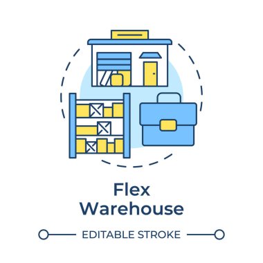 Esnek depo çok renkli konsept ikonu. Endüstriyel yapı tipi. Ofis ve depolama alanı karışımı. Yuvarlak şekil çizimi. Soyut bir fikir. Grafik tasarımı. Makalede kullanması kolay