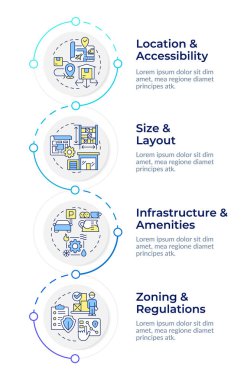 Industrial realty characteristics infographic design template. Location and accessibility. Data visualization with 4 options. Process vertical flow chart. Montserrat SemiBold, Lato Regular fonts used clipart