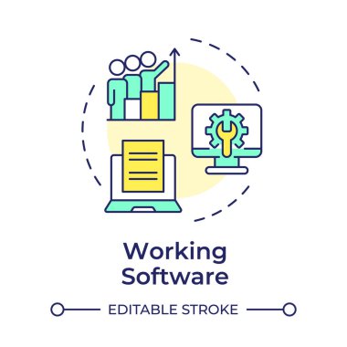 Working software multi color concept icon. Development methodology, project teamwork. Round shape line illustration. Abstract idea. Graphic design. Easy to use in infographic, presentation clipart