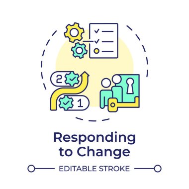 Çok renkli konsept simgesini değiştirmeye yanıt veriliyor. Görev organizasyonu, düzenleyici uyum. Yuvarlak şekil çizimi. Soyut bir fikir. Grafik tasarımı. Bilgide ve sunumda kullanması kolay