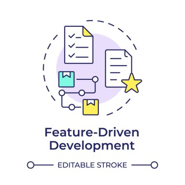 Özellik odaklı geliştirme çok renkli konsept simgesi. Yol haritası işi, çevik. Yuvarlak şekil çizimi. Soyut bir fikir. Grafik tasarımı. Bilgide ve sunumda kullanması kolay