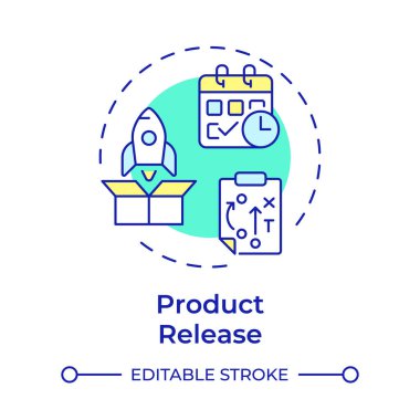 Ürün piyasaya çok renkli konsept simgesi sürün. İş stratejisi, ticari gelişim. Yuvarlak şekil çizimi. Soyut bir fikir. Grafik tasarımı. Bilgide ve sunumda kullanması kolay