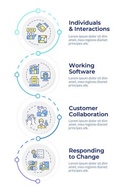 Agile project management values infographic design template. Workflow methodology. Data visualization 4 options. Process vertical flow chart. Montserrat SemiBold, Lato Regular fonts used clipart