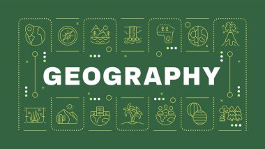 Coğrafya yeşil kelime kavramı. Okul konusu. Manzaralar ve çevre. Dünya haritası. Yatay vektör görüntüsü. Düzenlenebilir taslak simgelerle çevrili başlık metni. İnbot Sans yazı tipi kullanıldı